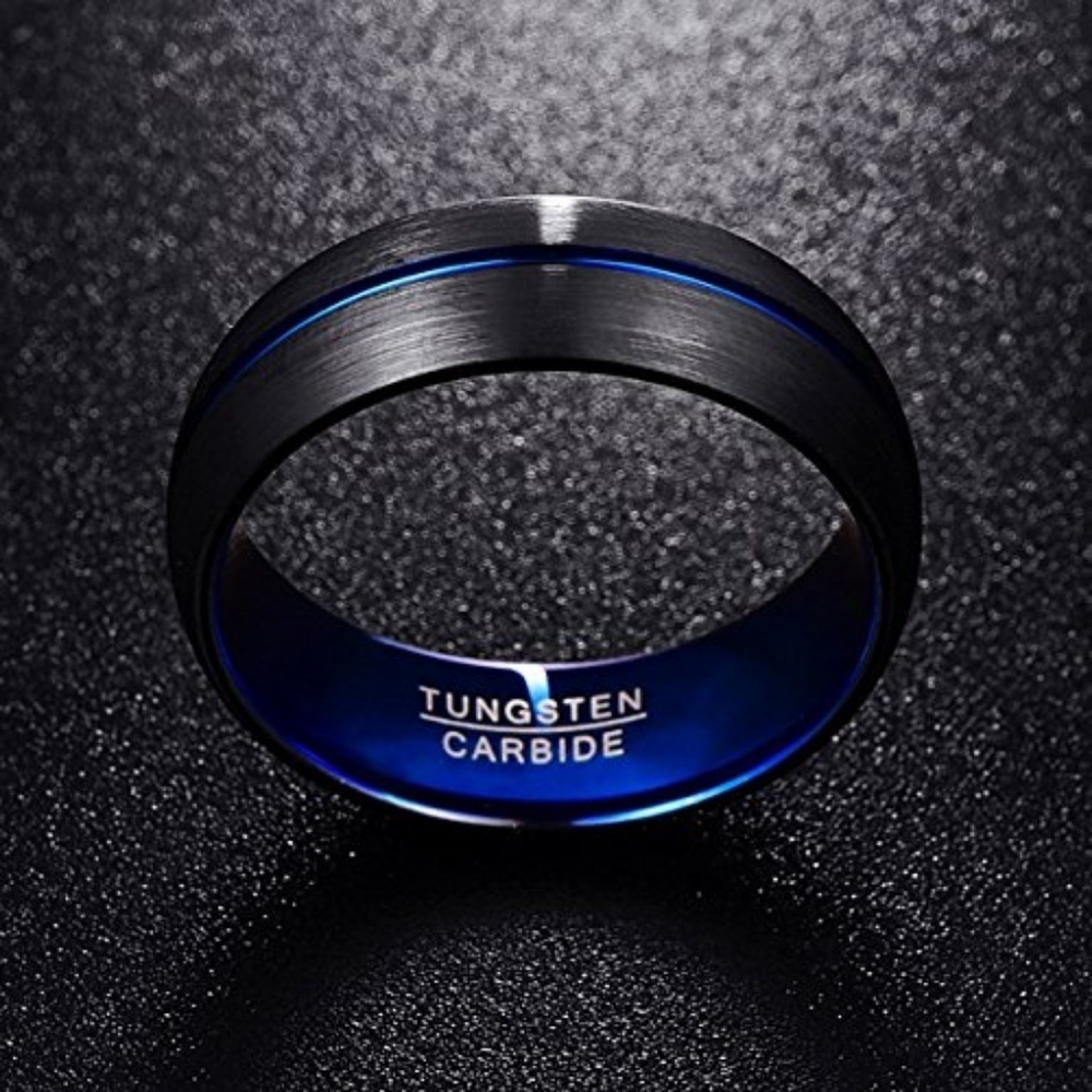 Black Tungsten Thin Blue Line Police Ring Band - Picture 5 of 8